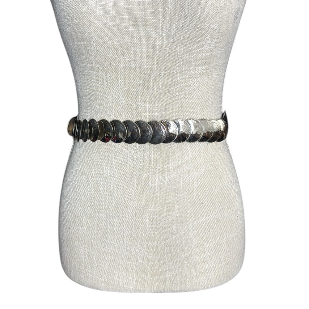 Vintage Silver Tone Coin Disk Metal Medallion Waist Belt Stretch Skinny Boho